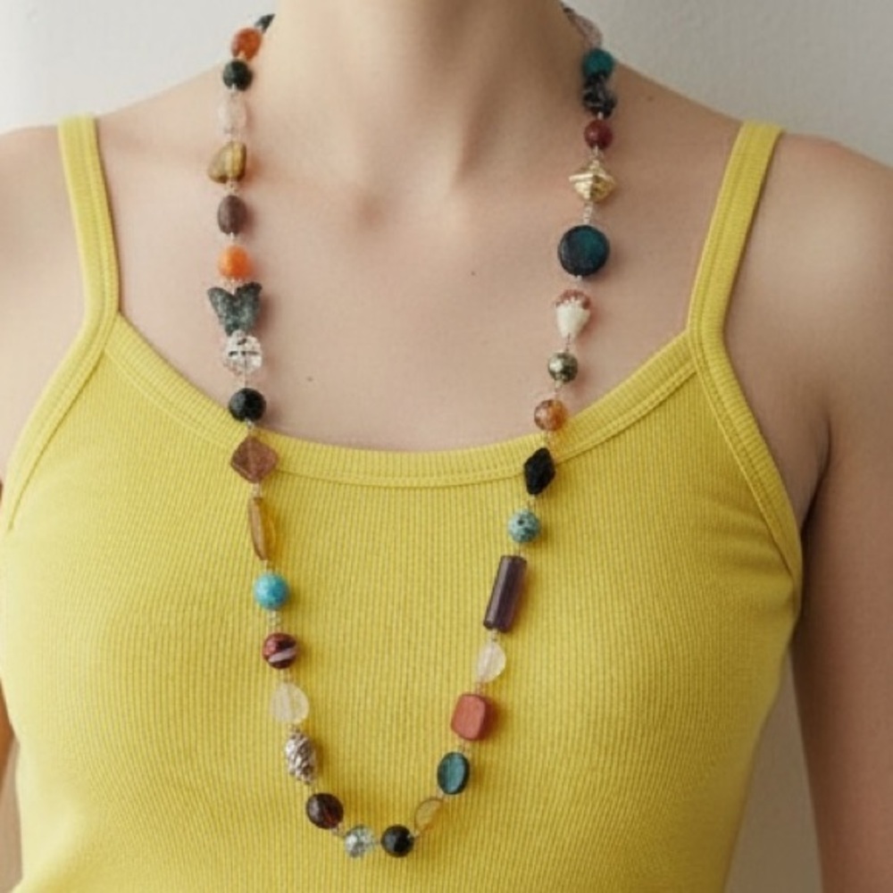 HAND CRAFTED ARTISAN ECLECTIC BOHEMIAN BEADED INFINITY NECKLACE  33”Long